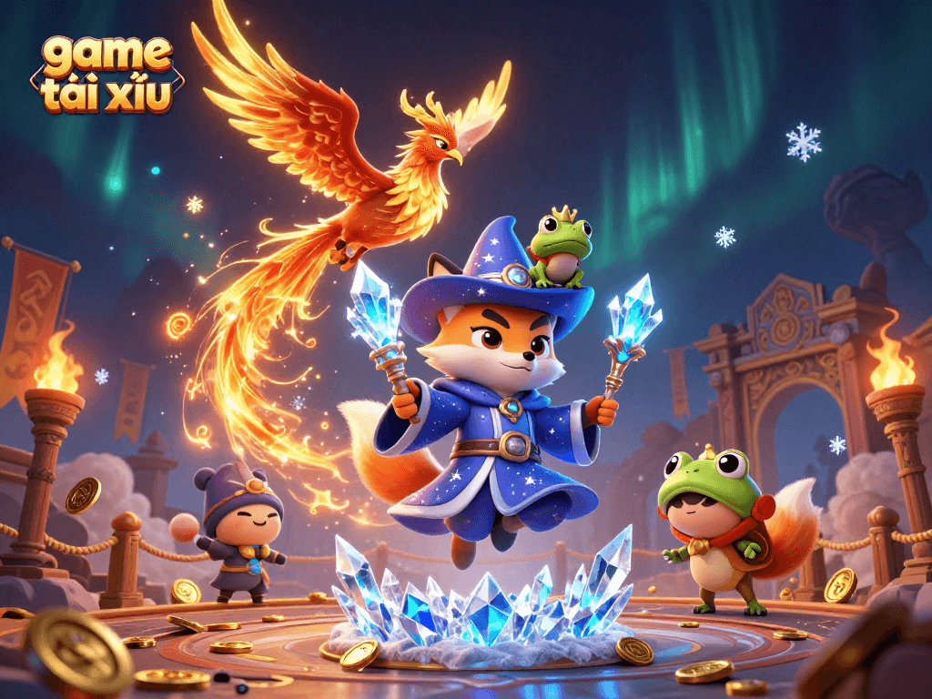 Experience thrilling game tài xỉu with mystical elements and vibrant energy in this dynamic 3D illustration.