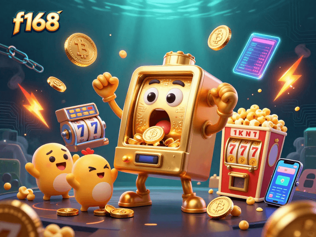 Spin and win on f168's animated slot machine jackpot with gold coins cascading down.