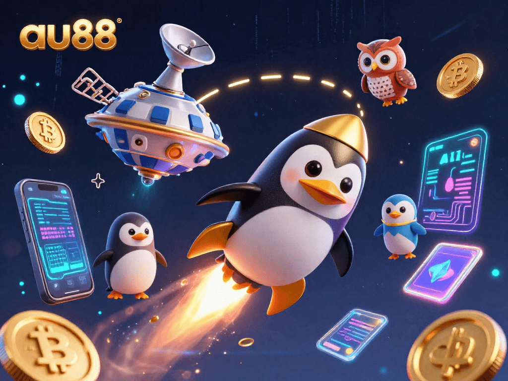 Play exciting games at au88 with a golden penguin racing to a casino chip station.