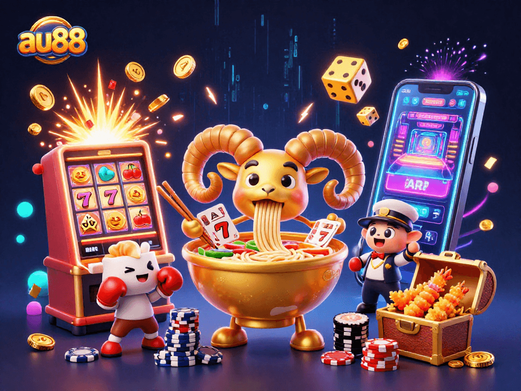 Experience thrilling moments at au88 with our vibrant casino scene featuring a cartoon ramen bowl dealer.