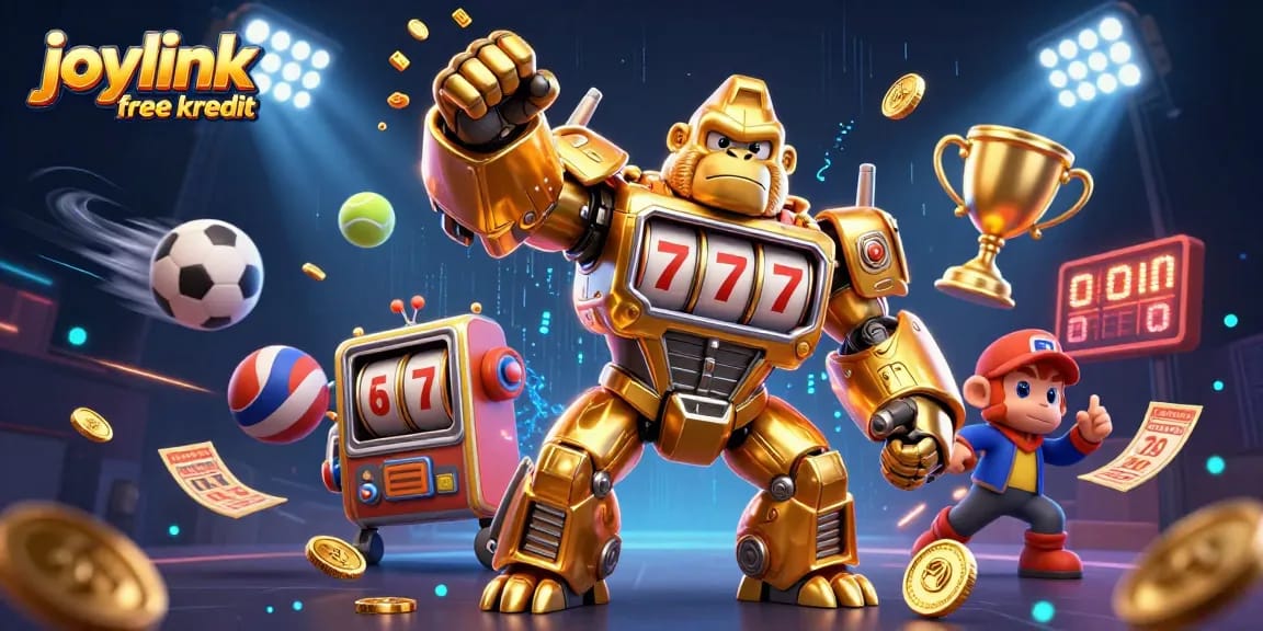 Bet on joylink free kredit in a dynamic casino scene featuring 3D characters and sports elements.