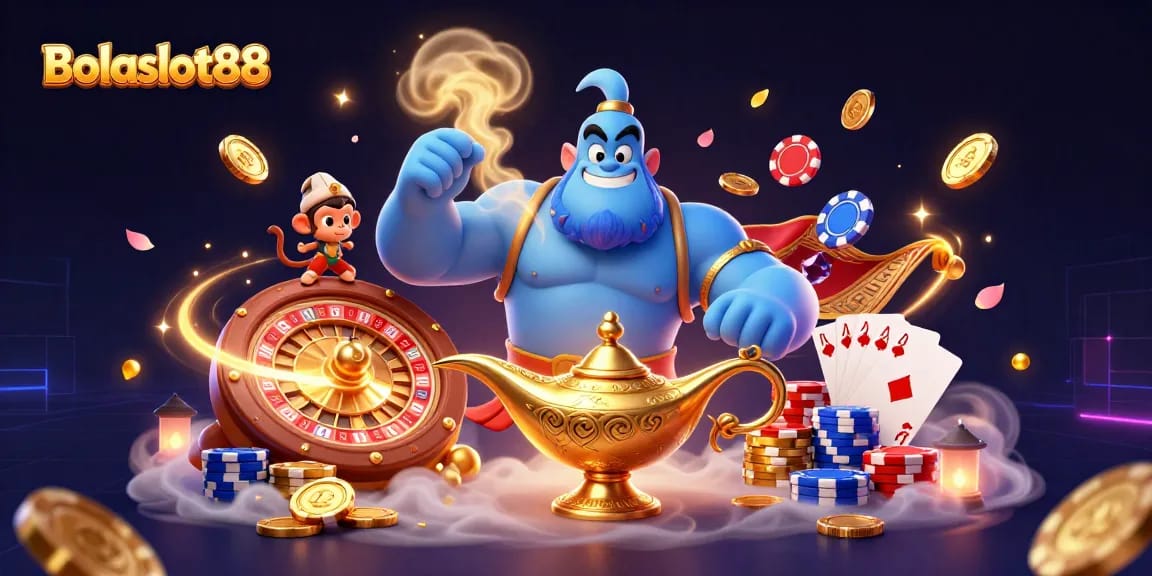 Experience the magic of Bolaslot88 with a vibrant 3D casino scene featuring a blue genie, monkey, and poker chips.