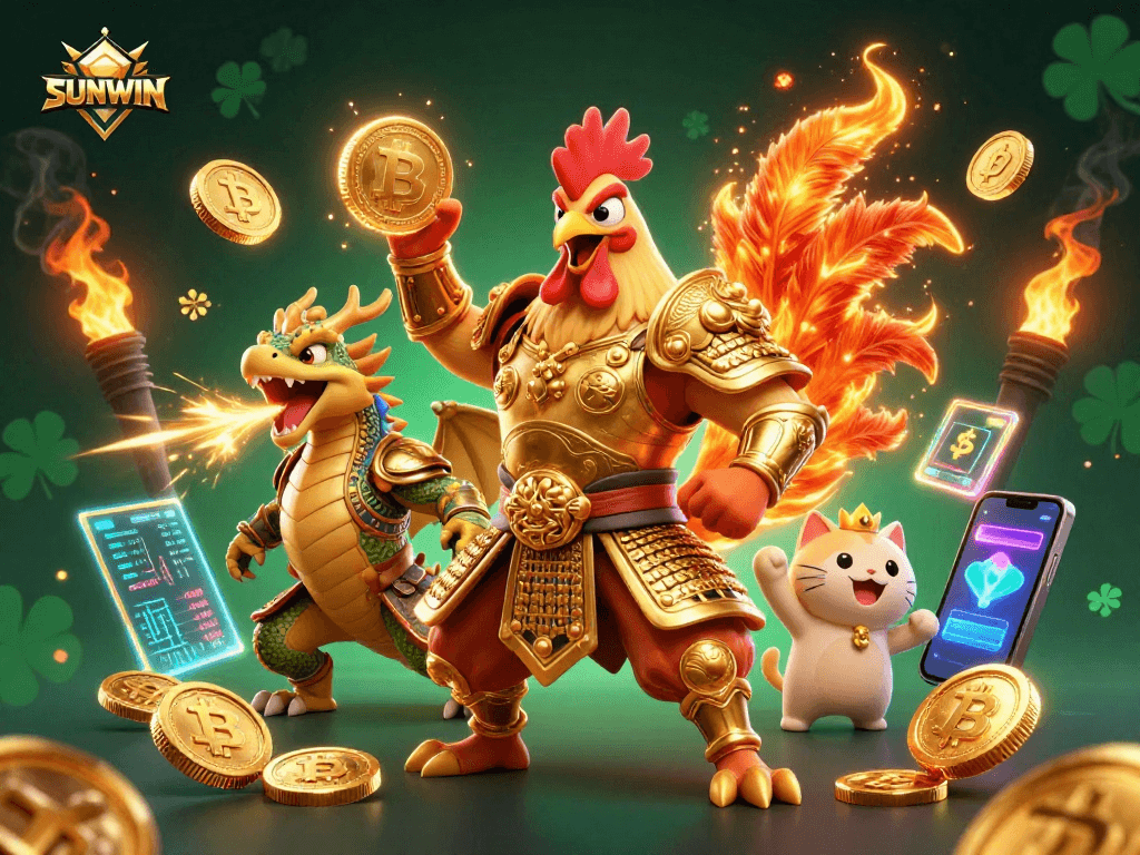SUNWIN brings thrilling casino action with a powerful rooster warrior and a dragon hatchling in an epic gambling illustration.