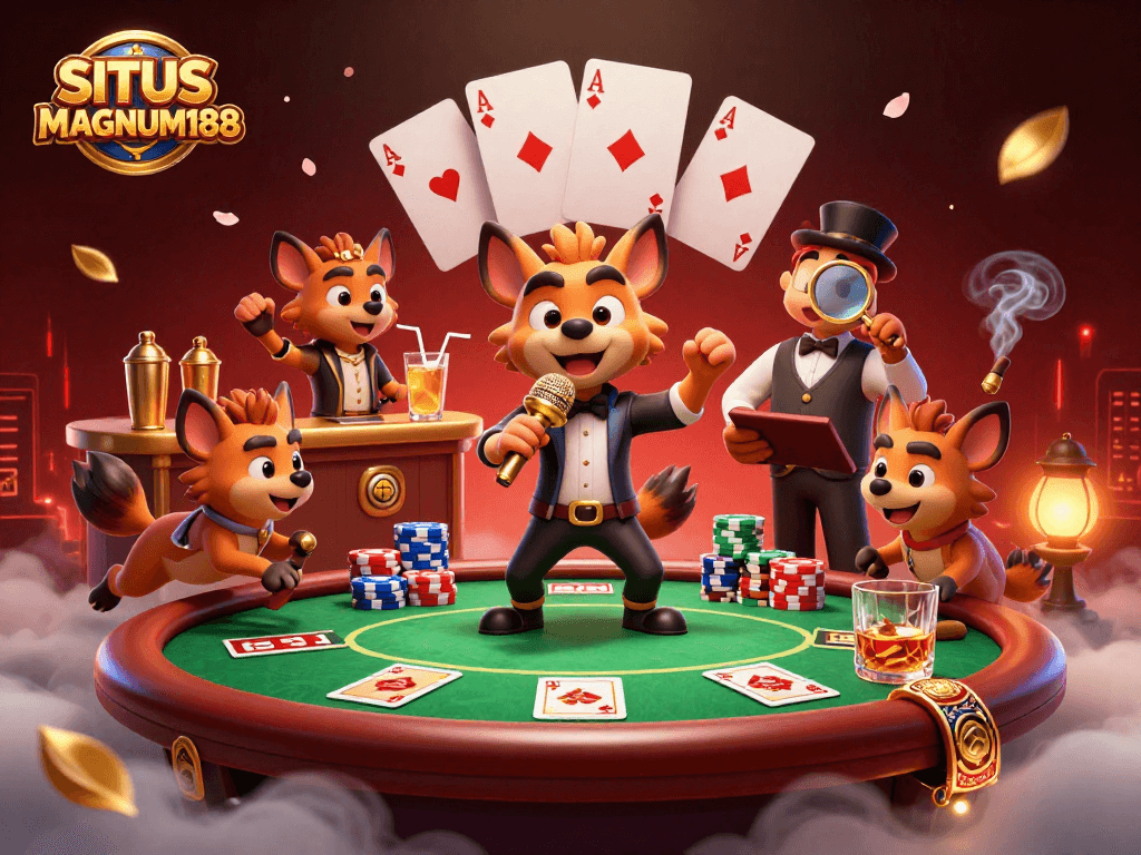 SITUS MAGNUM188 showcases a lively comedy casino club with hyenas, poker elements, and vibrant game ambiance.