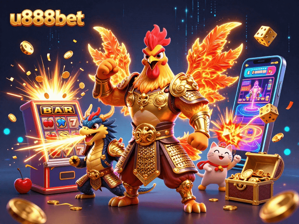 Join the action at u888bet with this vibrant casino-themed illustration featuring a thrilling rooster warrior and dragon hatchling.