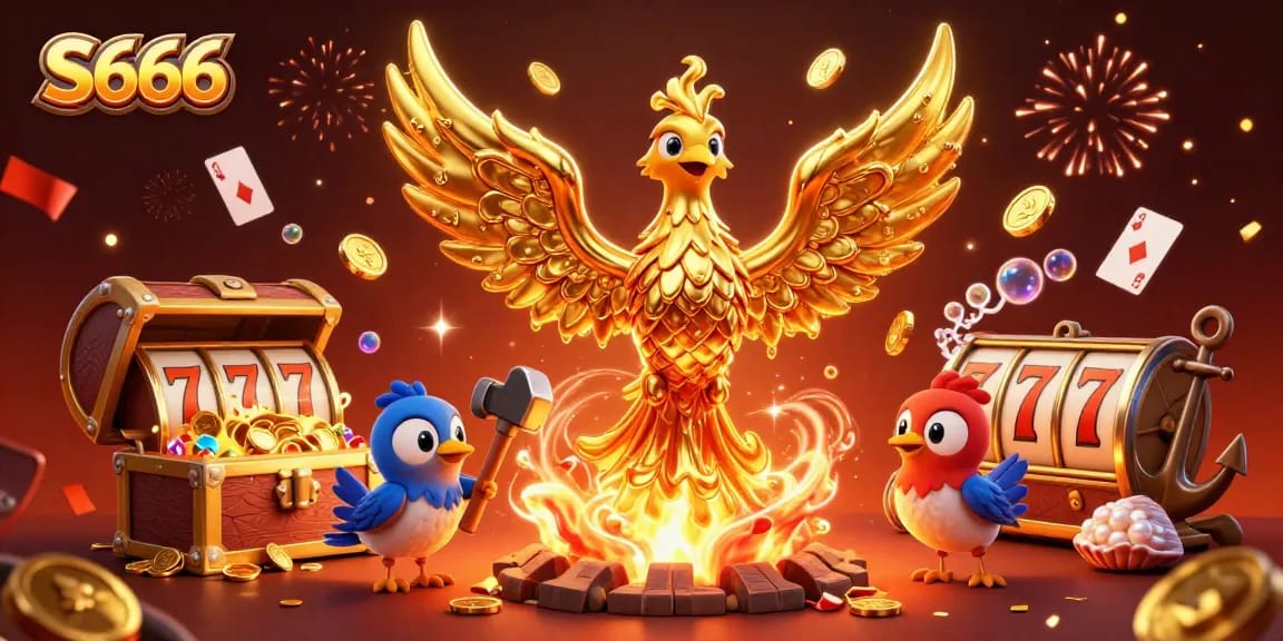 S666 casino illustration showcasing a molten golden phoenix amidst vibrant gaming elements for top-tier gambling excitement.