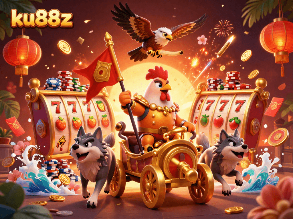 ku88z showcases a vibrant casino scene with a rooster warlord, golden coins, and spinning slot reels.