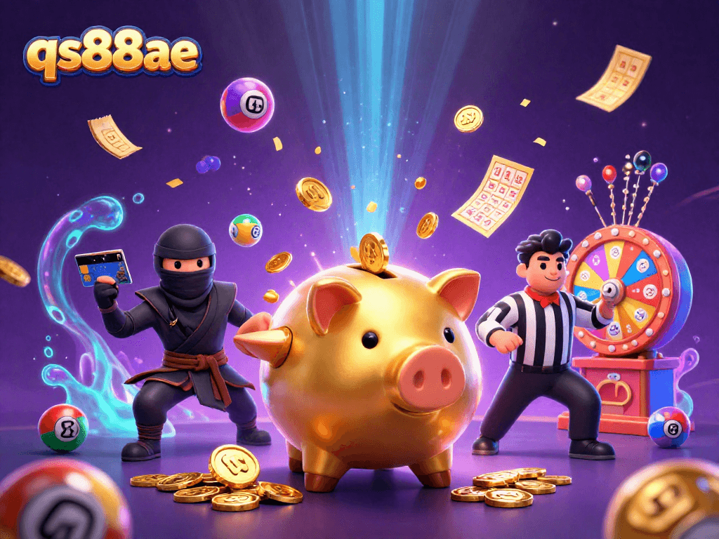 Engage with qs88ae's exciting casino experience featuring a dynamic golden piggy bank and lively lottery elements.