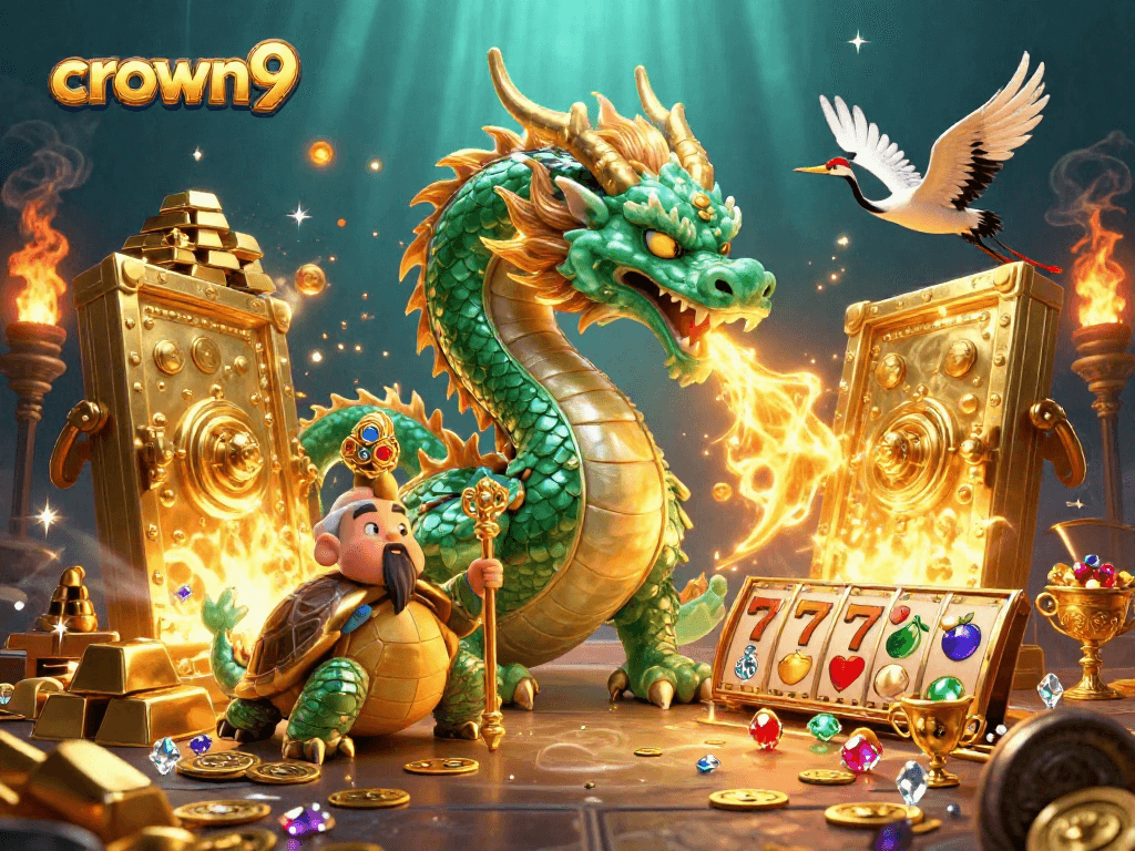 Crown9 showcases vibrant online pokies action with a jade dragon, turtle sage, and lucky cranes.