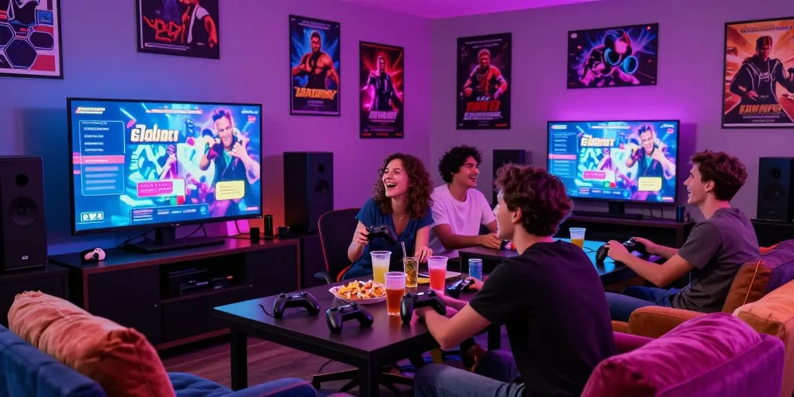 Friends enjoying free sex games in a vibrant gaming lounge with snacks and bright LED lighting.
