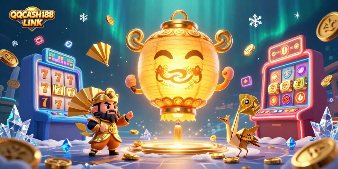 Experience the thrill of QQCASH188 LINK with glowing lanterns and vibrant casino games in a dynamic scene.