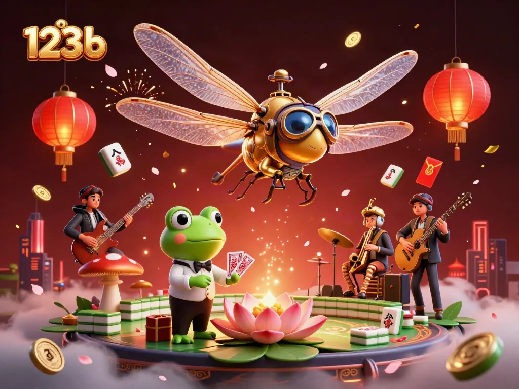 Engage in thrilling gaming experiences at 123 b with a vibrant dragonfly pilot, frog croupier, and cartoon musicians.