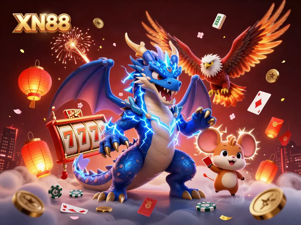 Experience exhilarating gameplay with XN88's vibrant casino illustration featuring iconic gaming elements.