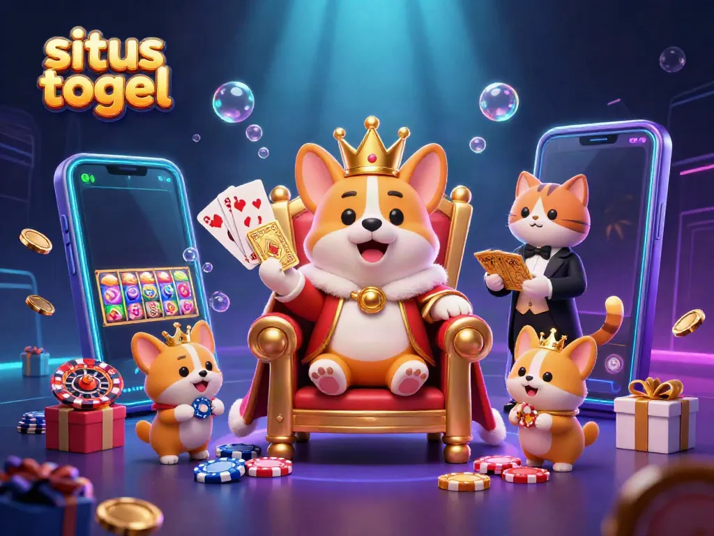 Engage with situs togel in a vibrant scene showcasing a royal corgi, poker elements, and colorful slot game action.
