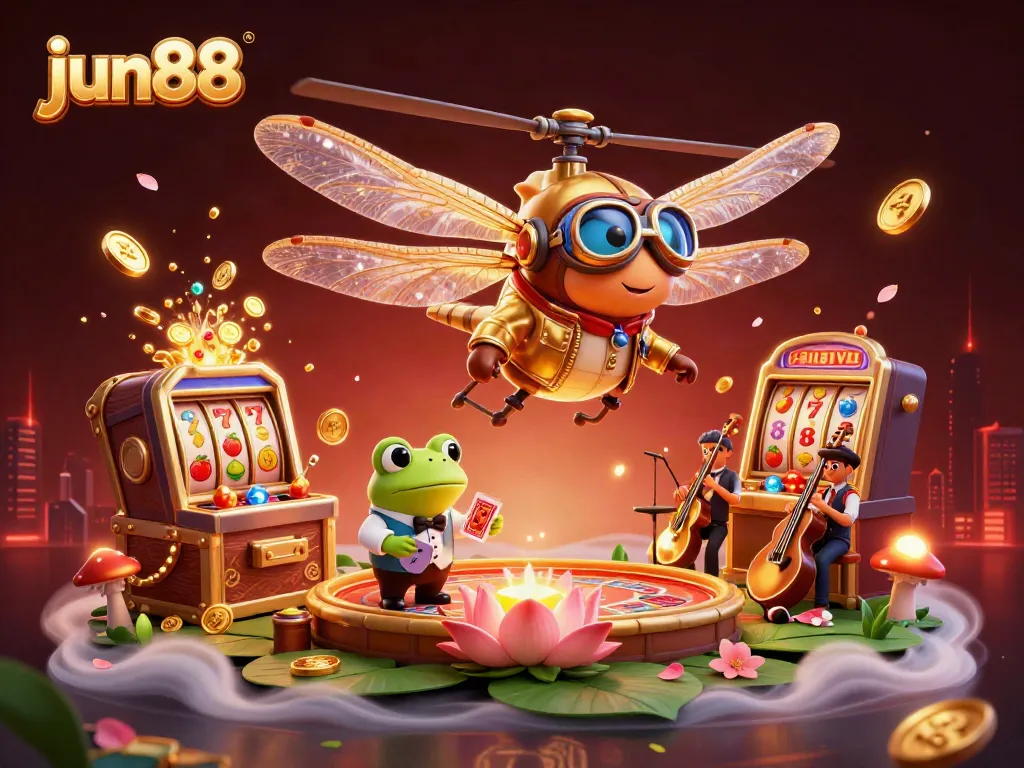 Experience excitement with jun88's vibrant casino scene featuring a dragonfly pilot and frog croupiers.