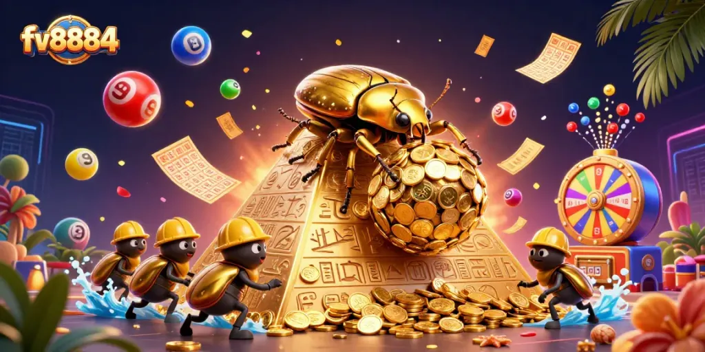 Engage with fv8884's vibrant casino illustration, featuring golden beetles and dynamic lottery elements.