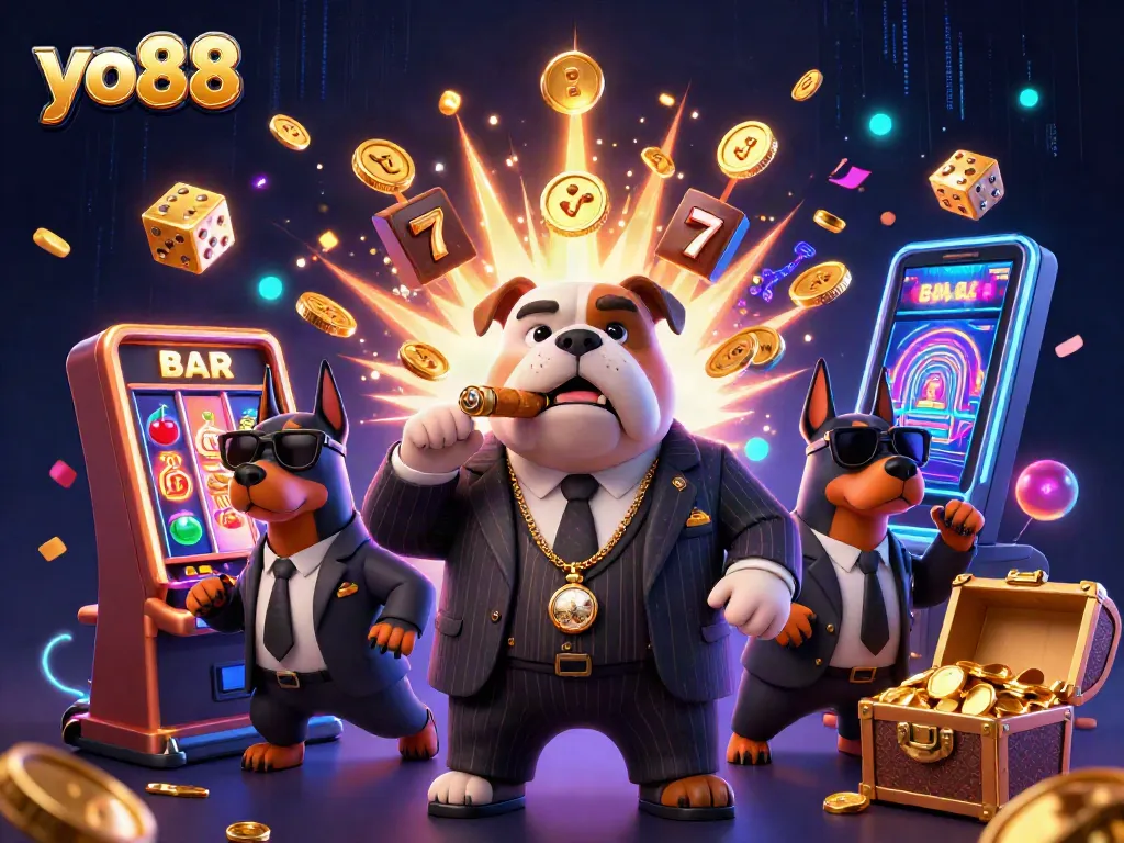 Experience big wins at yo88 with a maniacal bulldog boss amid vibrant casino chaos.