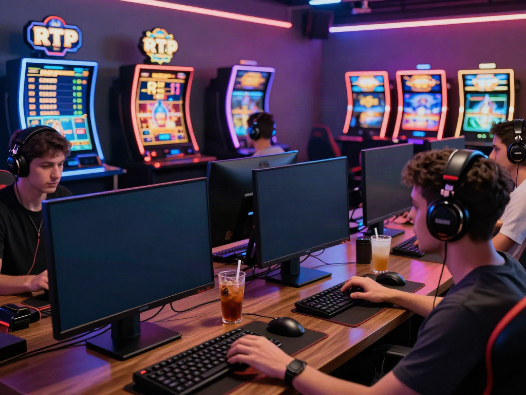 A dynamic online gaming scene showcasing RTP slot players engaging with vibrant gameplay.