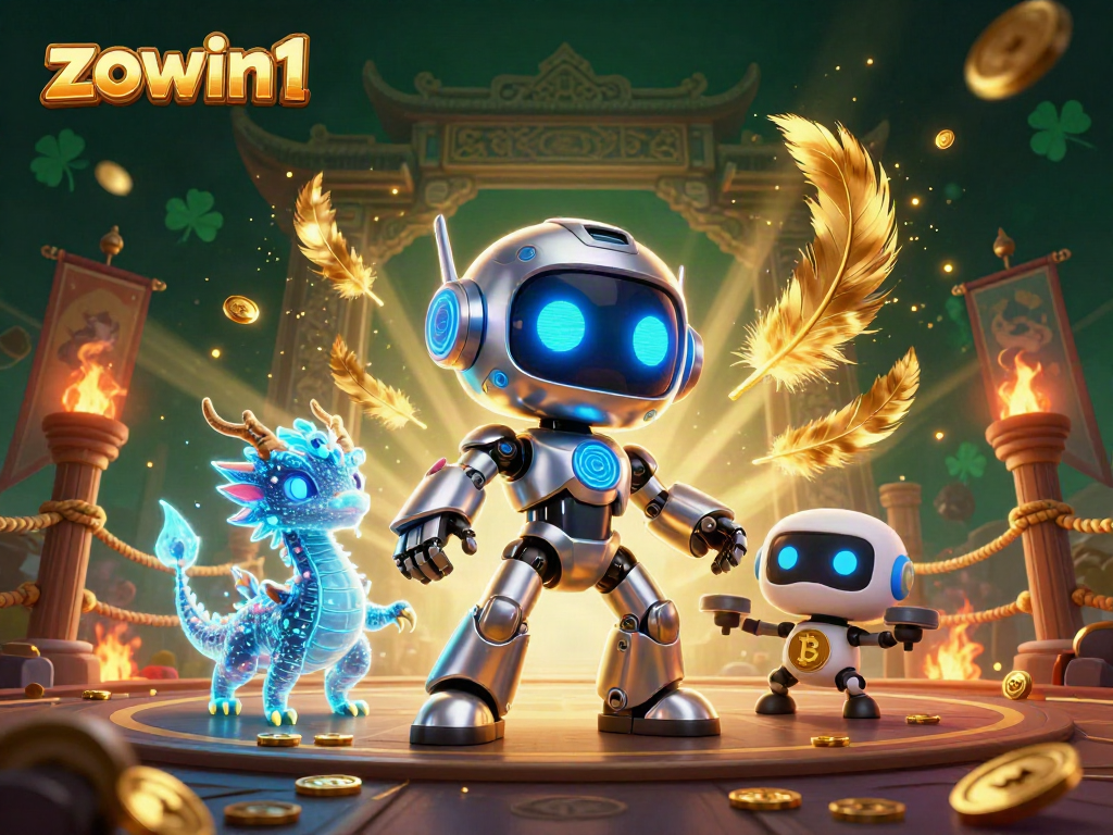 Engage with the lively scene of zowin1 featuring a vibrant cyberpunk robot, dynamic AI dragon, and a crypto drone amidst a colorful casino atmosphere.