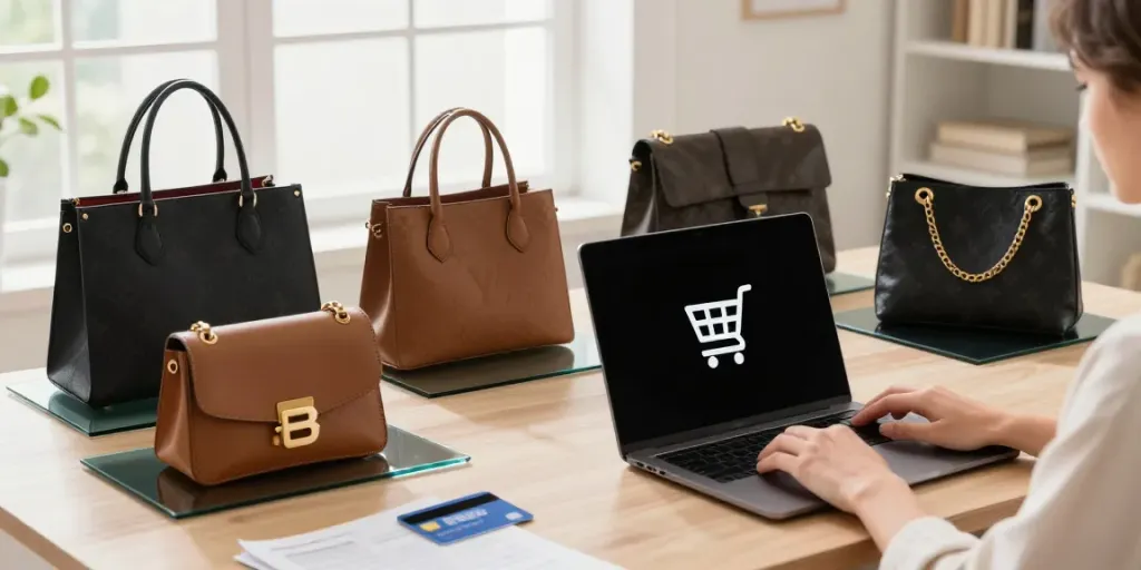High-quality replica bags displayed in a cozy online shopping environment, e-commerce experience.