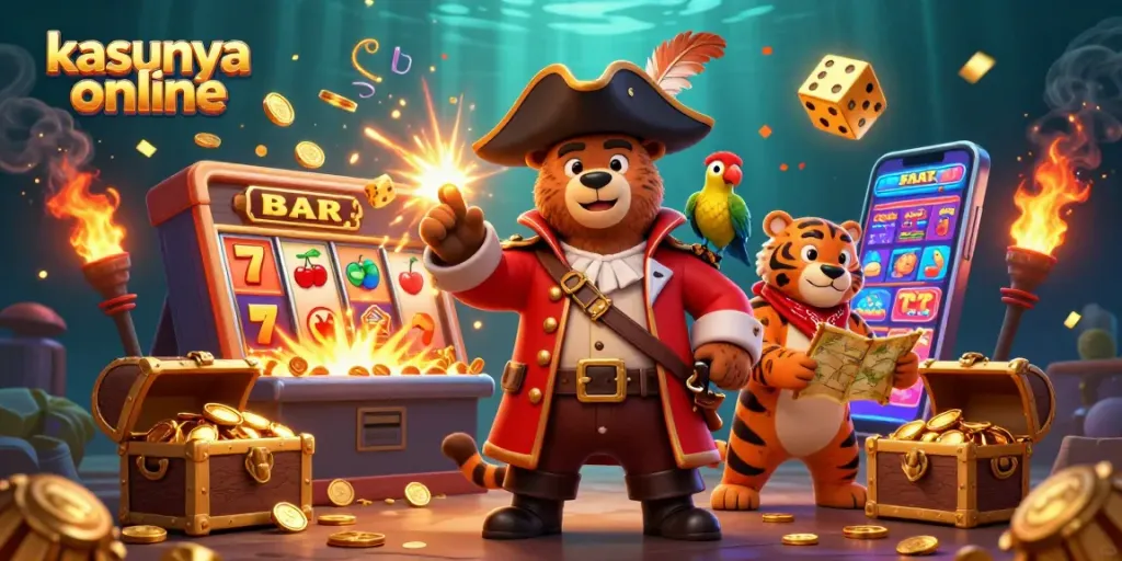 Engage in kasyna online with vibrant 3D animated characters, slot machines, and casino elements.