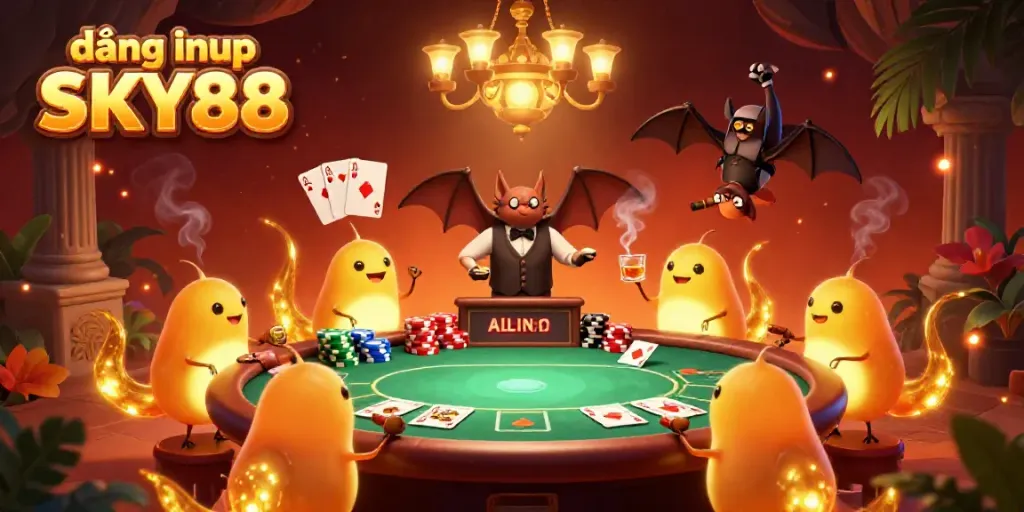 Engaging illustration depicting a vibrant cave casino, showcasing đăng nhập SKY88 with glowing glowworms and a bat dealer.