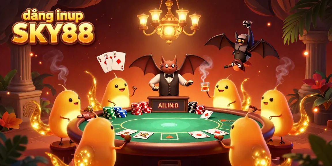 Engaging illustration depicting a vibrant cave casino, showcasing đăng nhập SKY88 with glowing glowworms and a bat dealer.