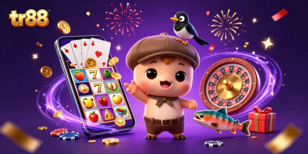 tr88 showcases a playful baby Nessie with casino games and golden coins raining down.