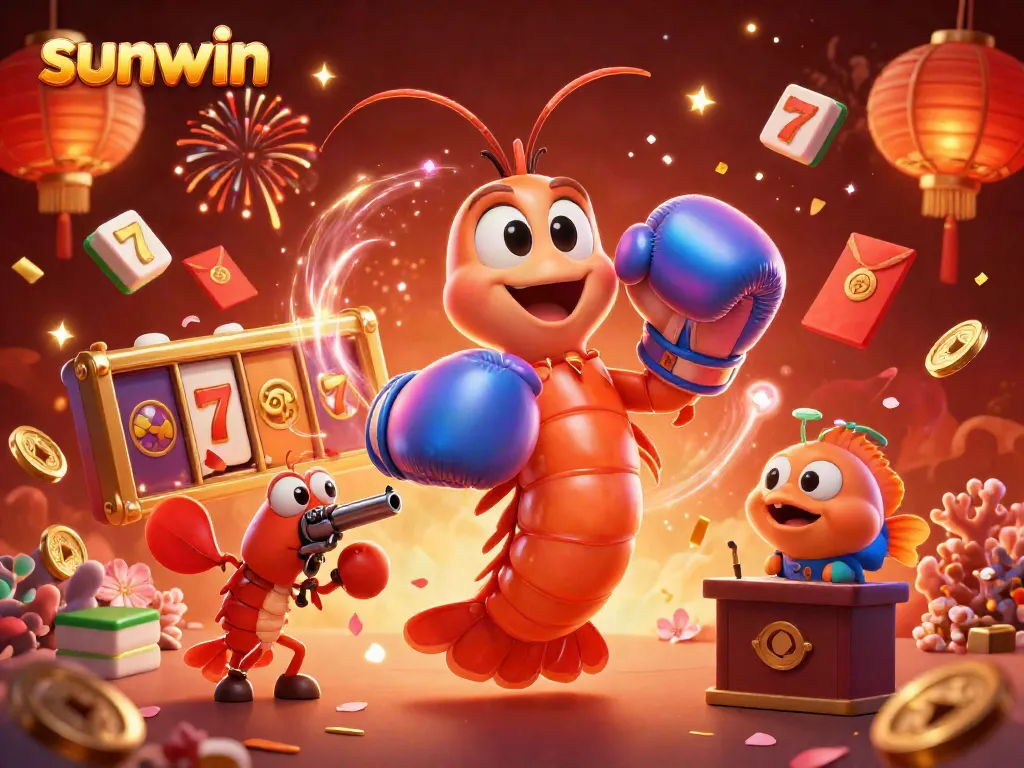 Experience excitement with sunwin as 3D characters celebrate around spinning slot reels and festive elements.