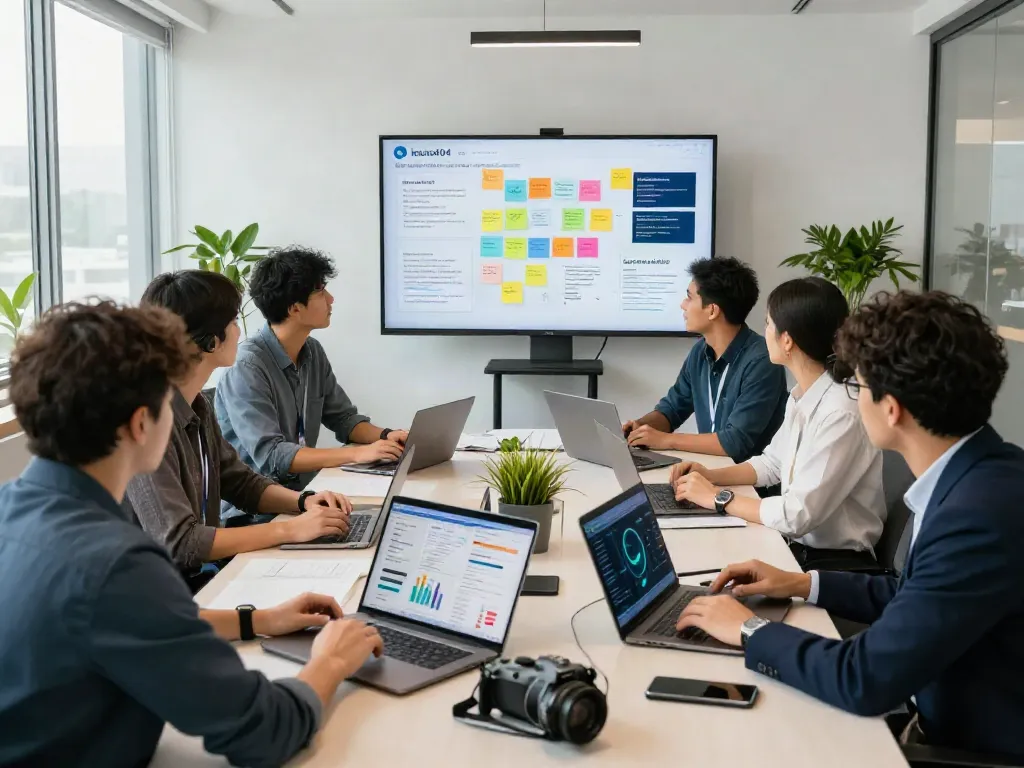 Collaborative team meeting illustrating istana404's focus on business and technology insights.