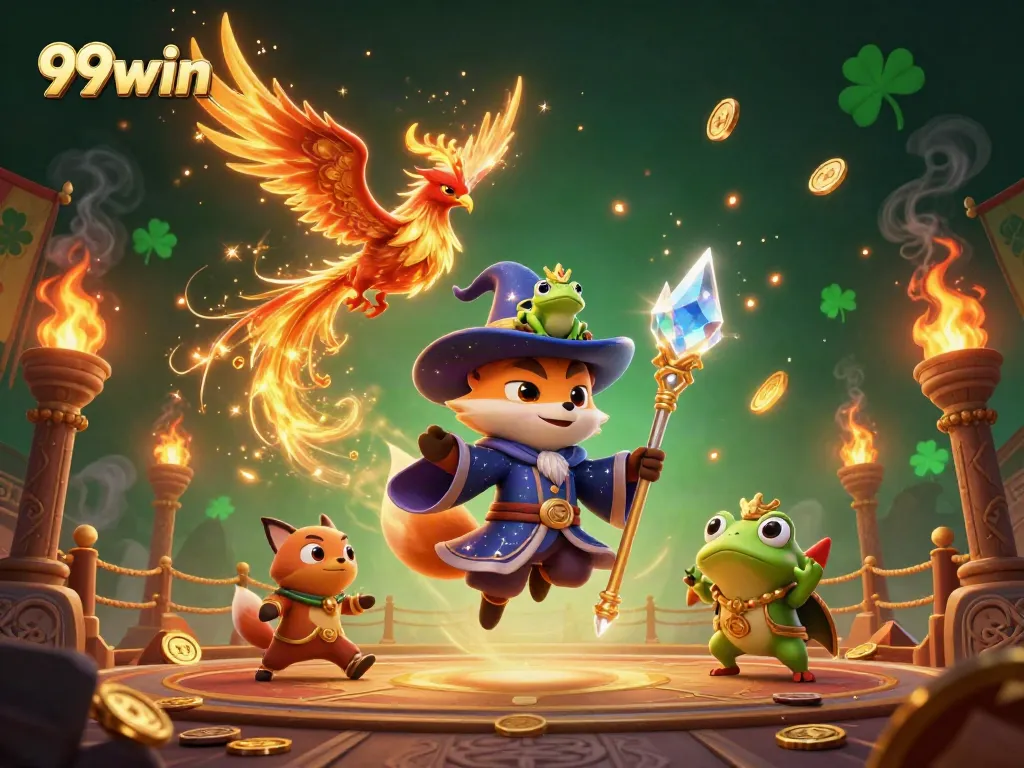 Experience thrilling 99win adventures with a wizard fox, phoenix, and magical elements in this casino illustration.