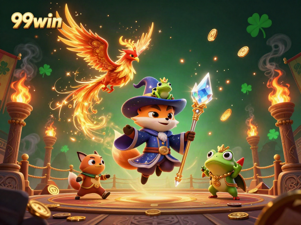 Experience thrilling 99win adventures with a wizard fox, phoenix, and magical elements in this casino illustration.