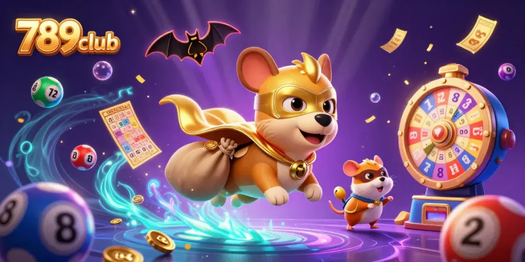 Engage with 789club's dynamic gaming scene featuring a superhero dog and colorful lottery elements in a vibrant setting.