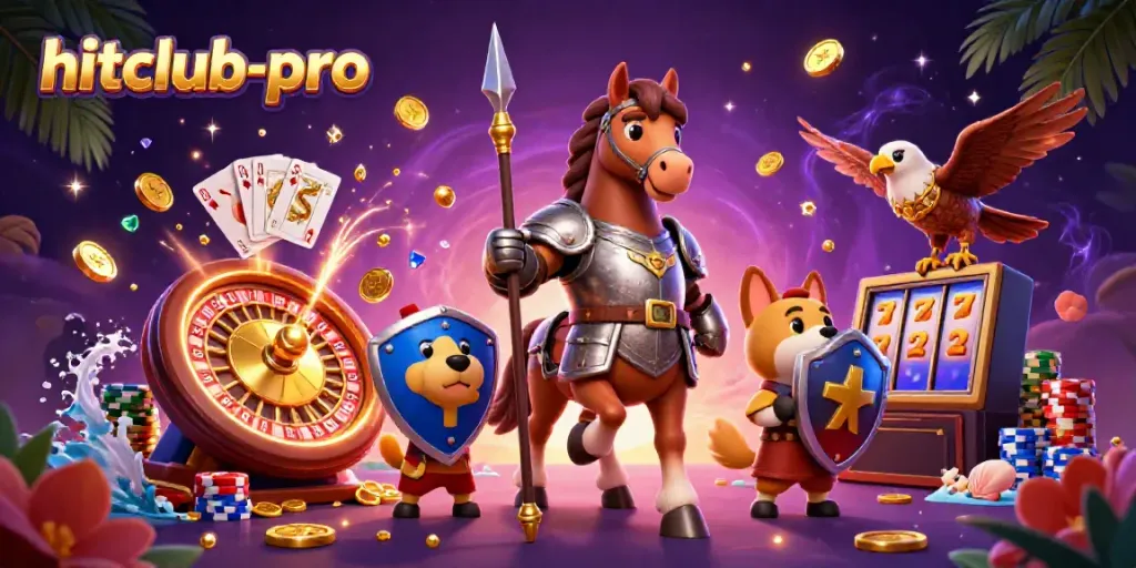 Hitclub-pro knights celebrate a jackpot with casino games and treasures in a vibrant scene.