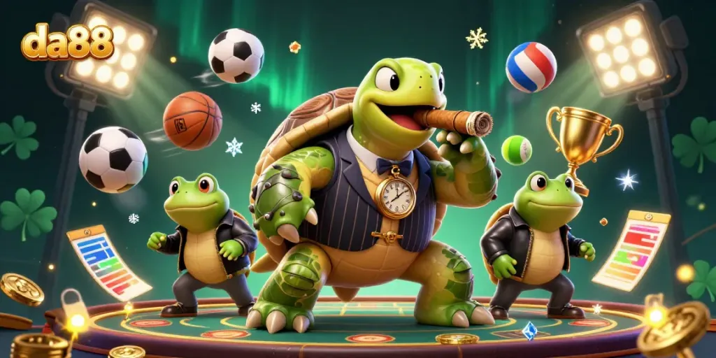 Experience exhilarating gaming at da88 with a dynamic scene of an animated casino featuring rich characters and vibrant game elements.