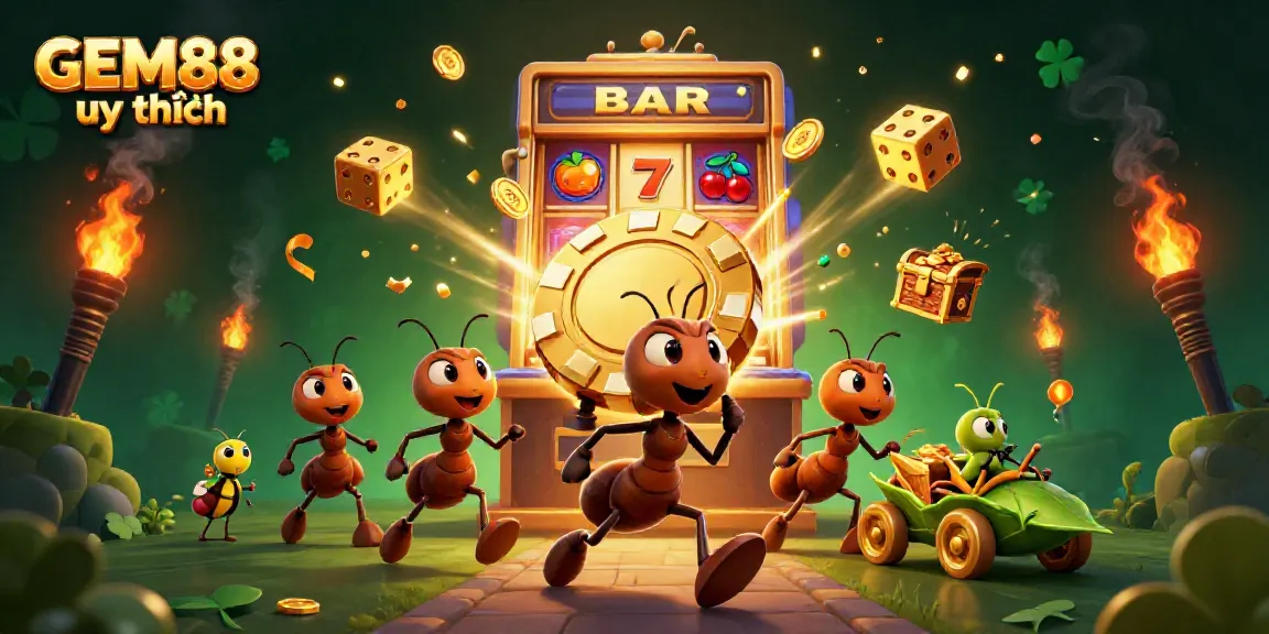 Experience the thrilling adventure of GEM88 uy tín with a heist by ants in a vibrant casino scene.