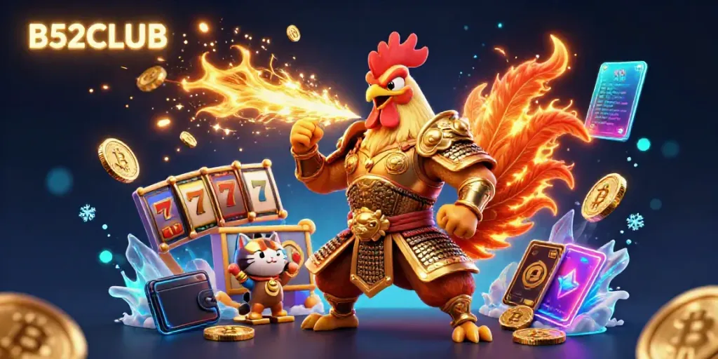 B52CLUB energizes your gaming experience with a striking rooster warrior and dragon in a vibrant casino scene.