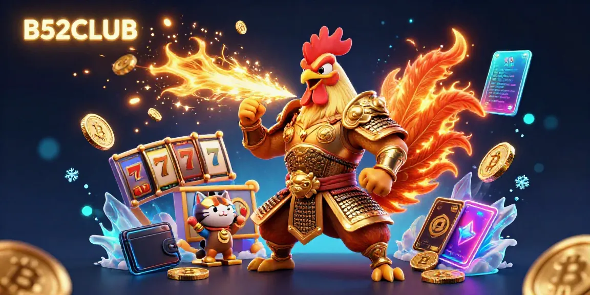 B52CLUB energizes your gaming experience with a striking rooster warrior and dragon in a vibrant casino scene.