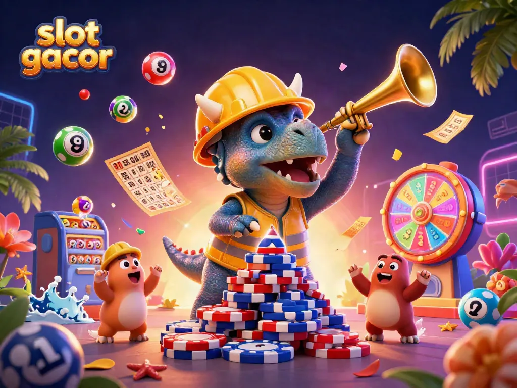 Experience the thrill of slot gacor as a triceratops builds a poker chip pyramid amid vibrant casino elements.