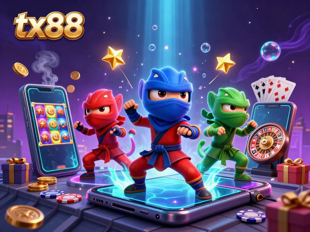 Experience thrilling play with tx88's colorful slot game, featuring ninja chameleons and dynamic casino elements.