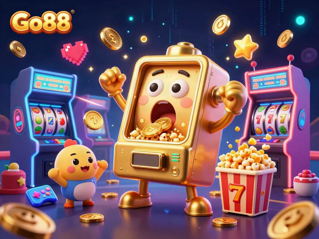 Win big with Go88's cheerful slot machines and vibrant casino elements in an action-packed scene.