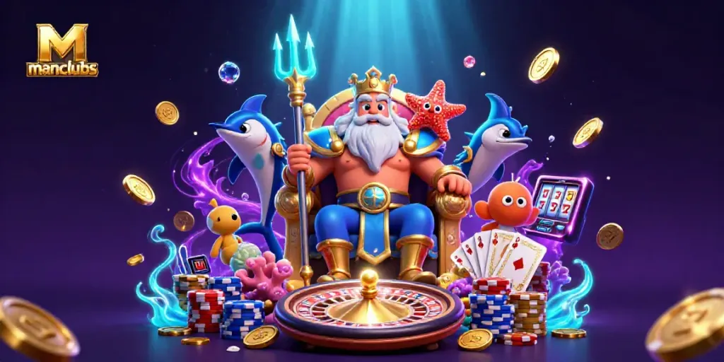 Engage with manclubs as Neptune and samurai guard amidst vibrant casino action.