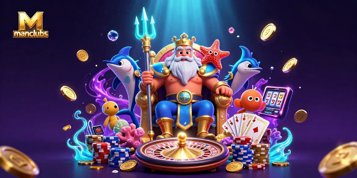 Engage with manclubs as Neptune and samurai guard amidst vibrant casino action.