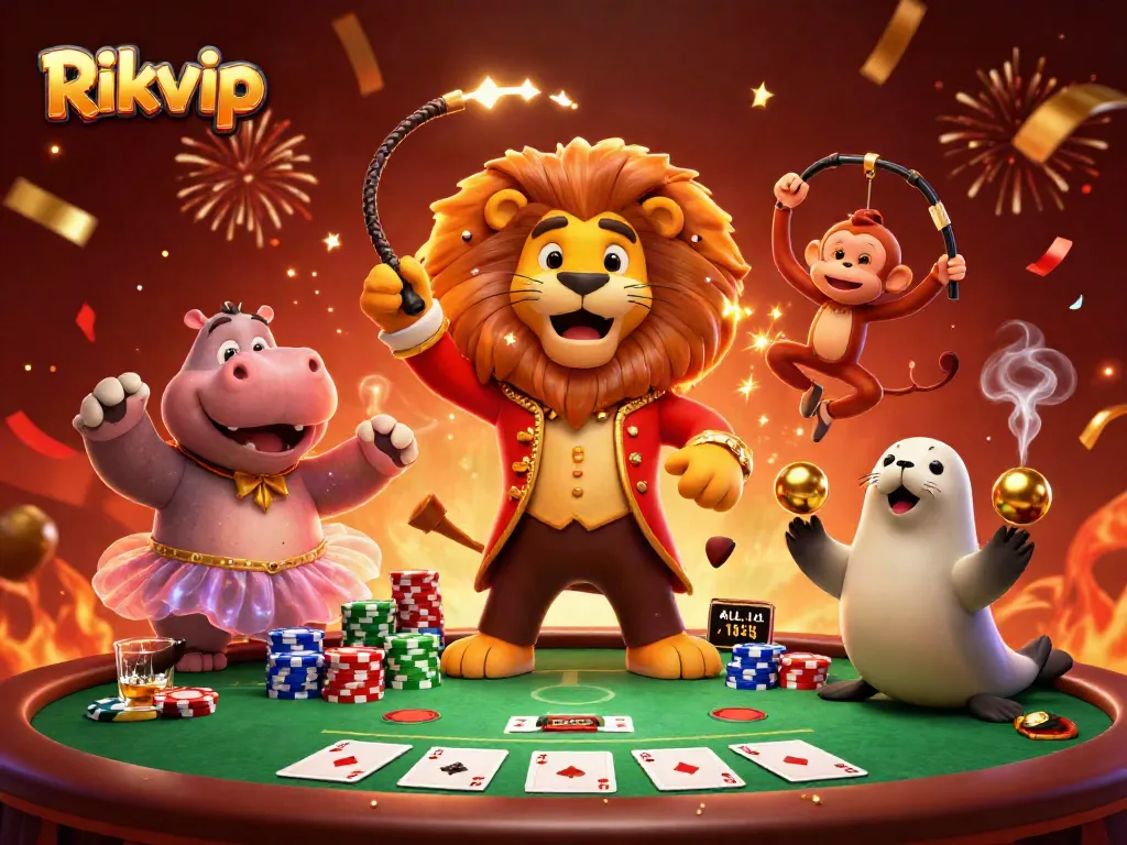 Engage in thrilling adventures at Rikvip with a vibrant circus scene featuring animated game characters and dynamic casino elements.