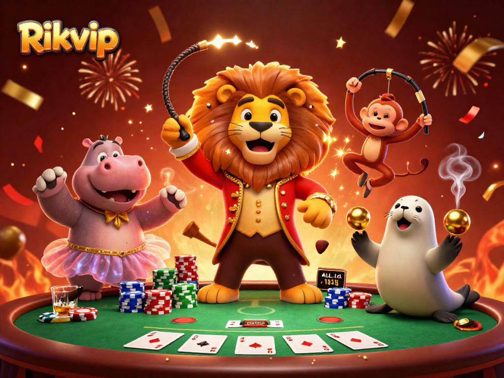 Engage in thrilling adventures at Rikvip with a vibrant circus scene featuring animated game characters and dynamic casino elements.