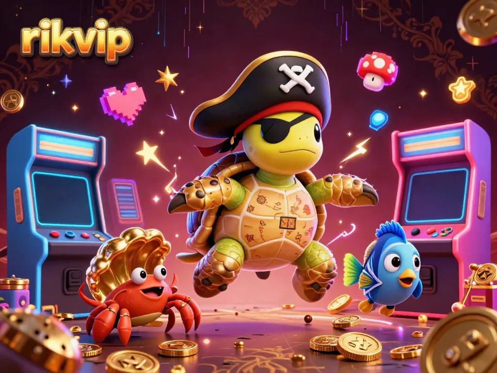 Engage with rikvip's immersive gaming experience featuring a pirate turtle and vibrant casino elements.