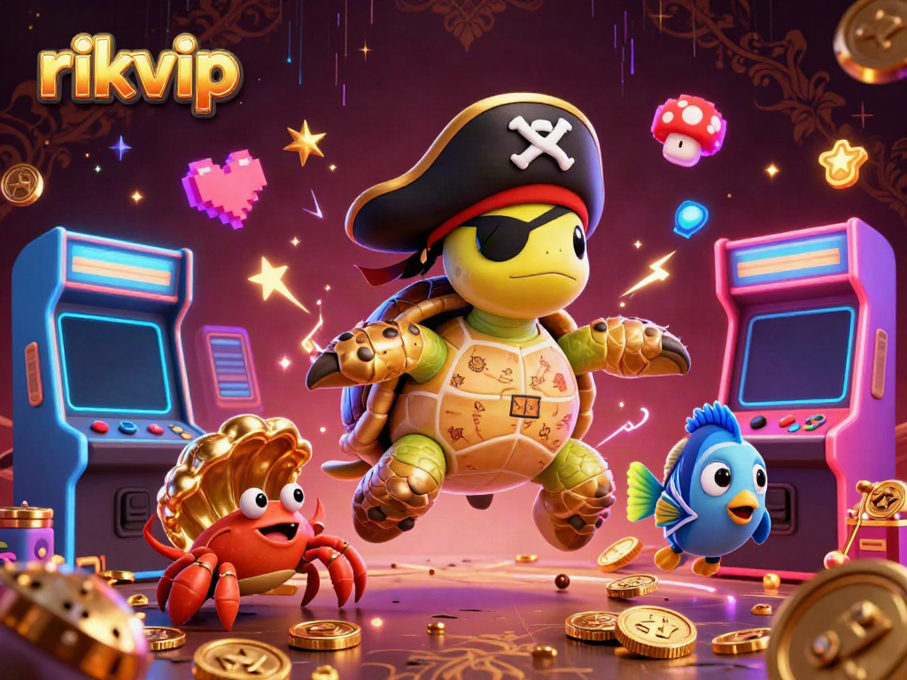 Engage with rikvip's immersive gaming experience featuring a pirate turtle and vibrant casino elements.