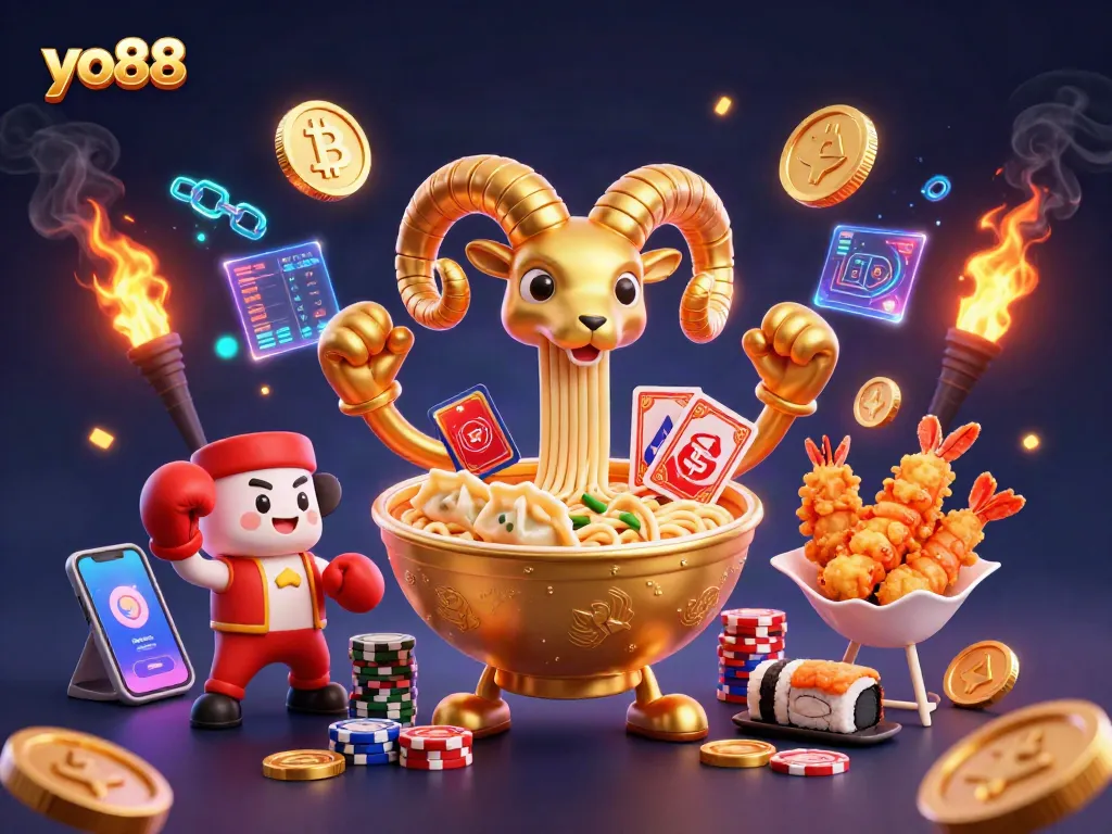 Experience the thrill of yo88 with vibrant characters and neon crypto elements in a dynamic casino scene.