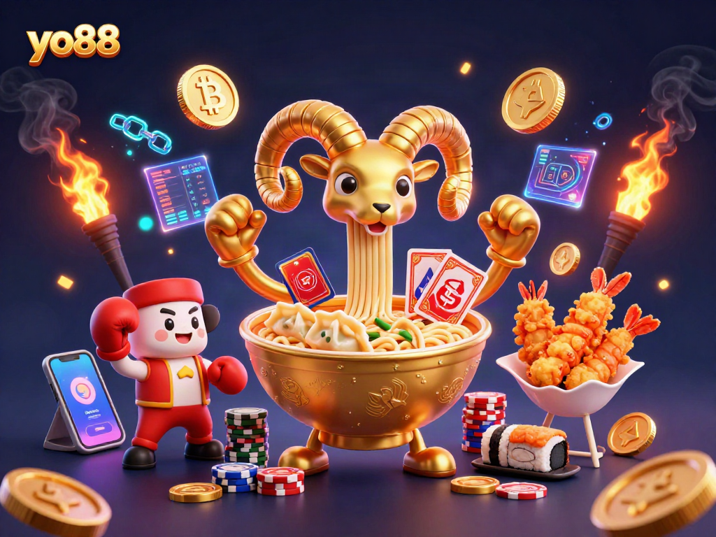Experience the thrill of yo88 with vibrant characters and neon crypto elements in a dynamic casino scene.