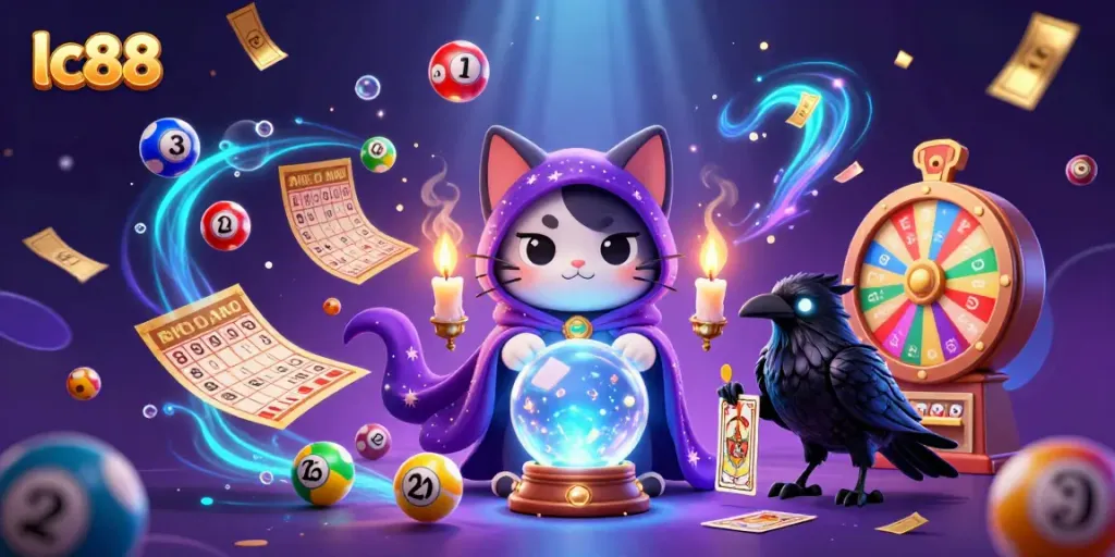 Experience the magic of lc88 with a mystic cat and vibrant lottery elements.